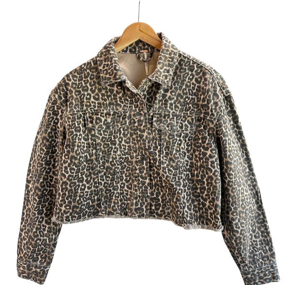 NWOT Free People Leopard Print Denim Jacket Cropped Raw Hem Edgy Retro XS‎ - Picture 3 of 12
